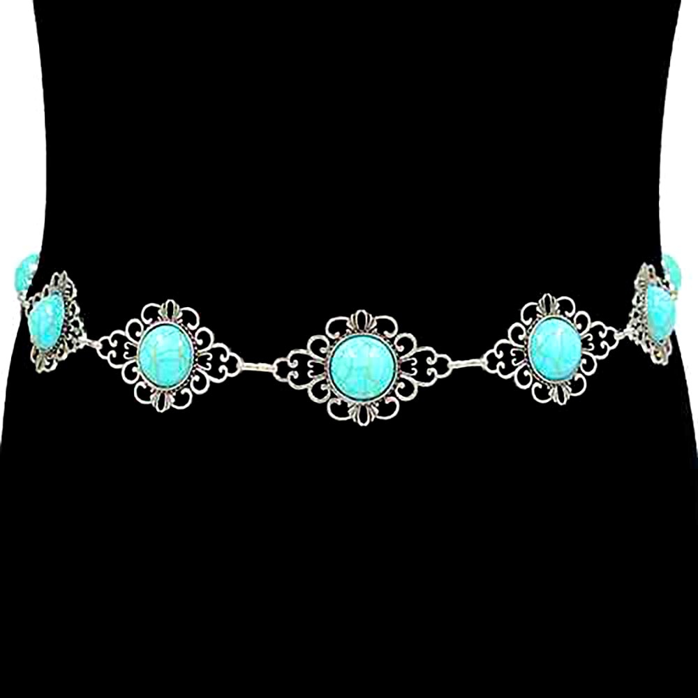 Turquoise & Silver Western Stone Concho Chain Statement Belt